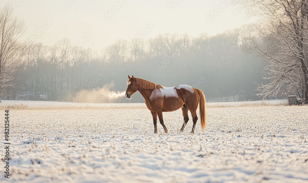Obraz premium A horse is walking through a snowy field