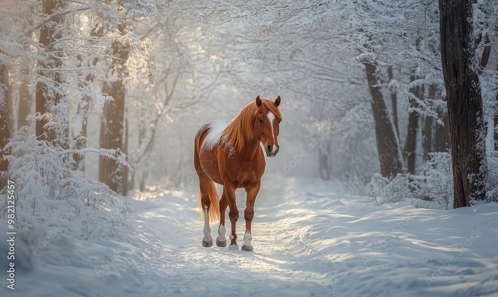 A brown horse is walking through a snowy forest A brown horse is walking through a snowy forest