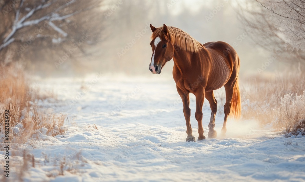 A brown horse is walking through the snow A brown horse is walking through the snow