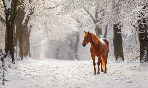 A horse is walking through a snowy forest