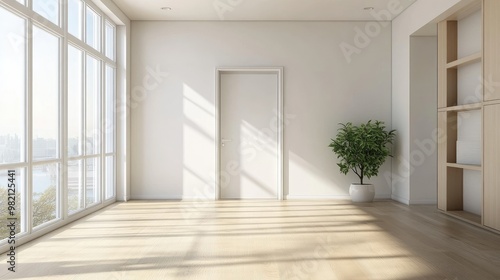 Wallpaper Mural Interior of a modern apartment with a white door and large windows, featuring a light wood floor and minimalist furnishings, creating a serene environment Torontodigital.ca