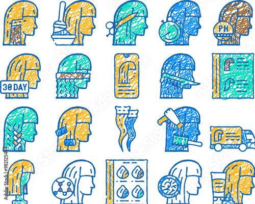 hair salon hairstyle service doodle icons set vector. sketch line art hair painting and cutting, straightening and braiding, balancing ph of scalp departure. thermo curler color illustrations