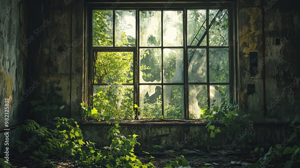 Overgrown Window in Abandoned Building Overgrown Window in Abandoned Building