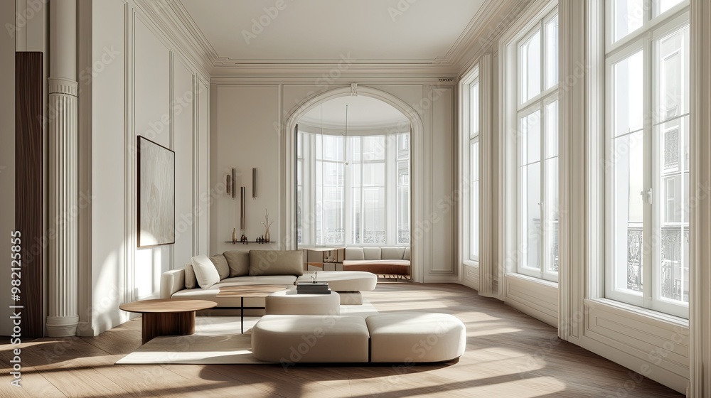 Interior space with a large bay window, wooden floors, and walls in soft neutral tones, creating a bright and airy environment for contemporary design