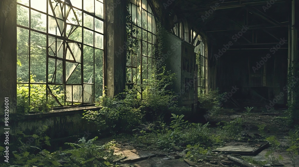 Overgrown Interior of an Abandoned Building with a Broken Window Overgrown Interior of an Abandoned Building with a Broken Window