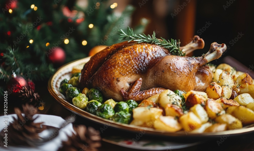 A large roasted turkey with a side of potatoes and green beans A large roasted turkey with a side of potatoes and green beans