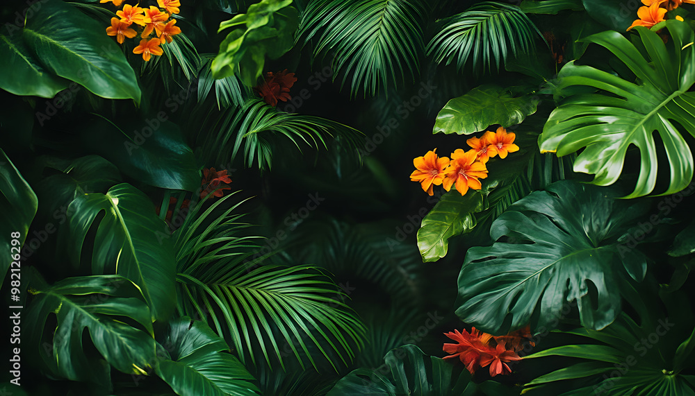 A lush jungle scene with vibrant green leaves and exotic flowers, bringing the warmth of the tropics to your screen A lush jungle scene with vibrant green leaves and exotic flowers, bringing the warmth of the tropics to your screen