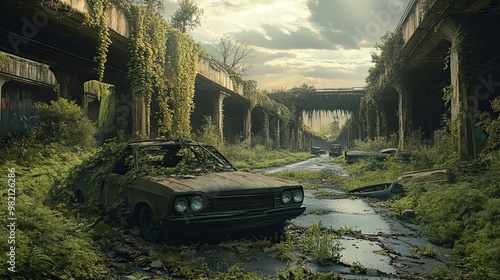 Overgrown Roadway with Abandoned Car Underneath an Overpass photo