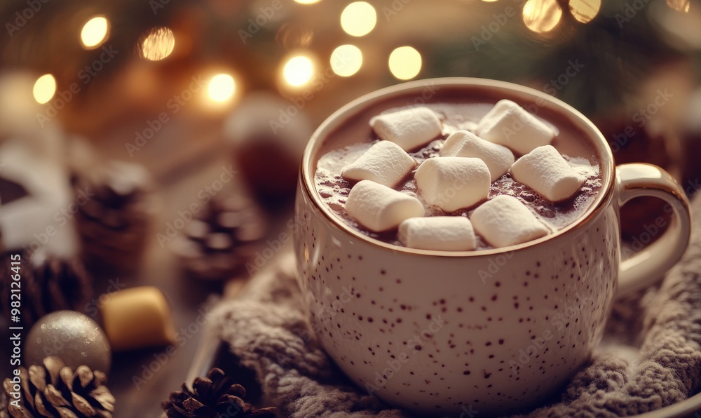 A mug of hot chocolate with marshmallows in it sits on a table with pine cones A mug of hot chocolate with marshmallows in it sits on a table with pine cones