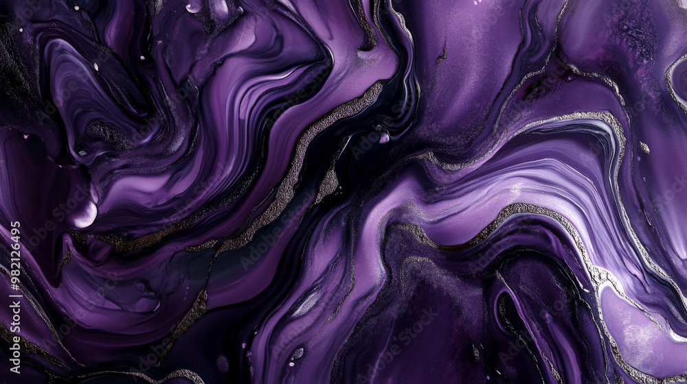 Obraz premium Deep purple liquid marble with smooth silver veins, creating a rich and elegant background with a sleek metallic finish.
