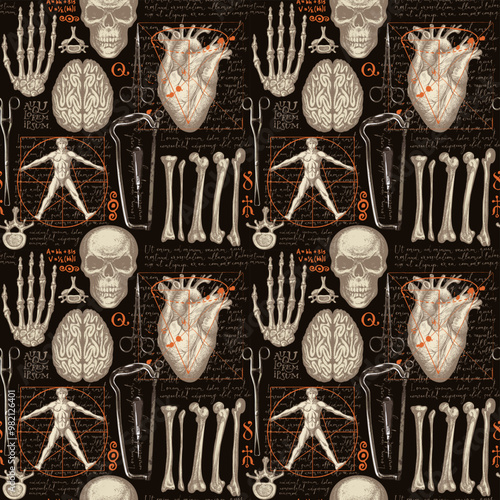 Anatomy seamless pattern with hand-drawn human skulls, bones, organs and surgical instruments on a backdrop of handwritten text lorem ipsum. Vintage vector background with sketches on a medical theme