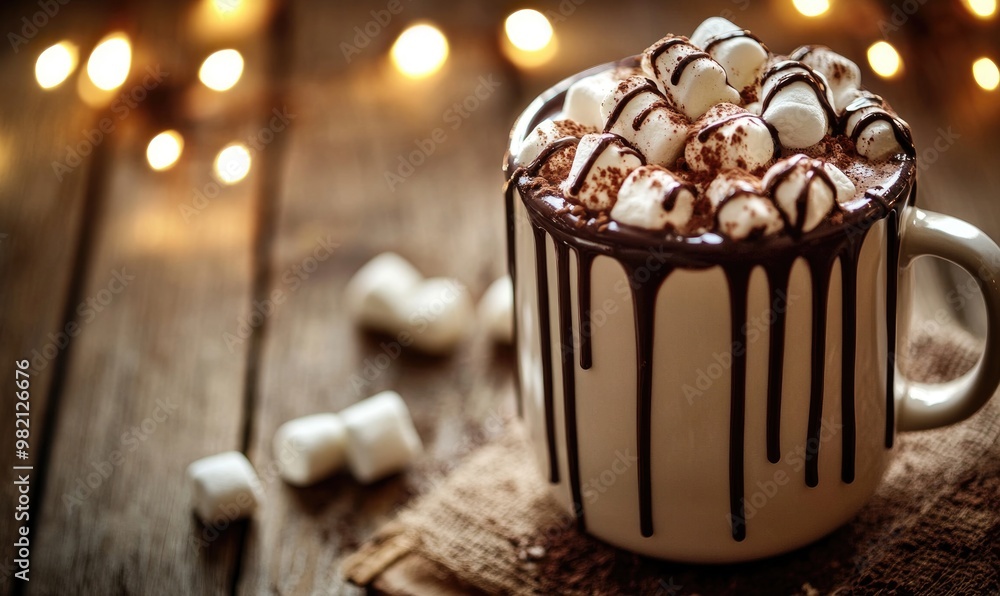 A mug of hot chocolate with marshmallows and chocolate drizzle on top A mug of hot chocolate with marshmallows and chocolate drizzle on top