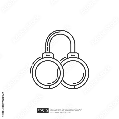 Handcuffs icon, black outline on white background.  Vector illustration.  Criminal justice, arrest, law enforcement, crime, security, safety concept.