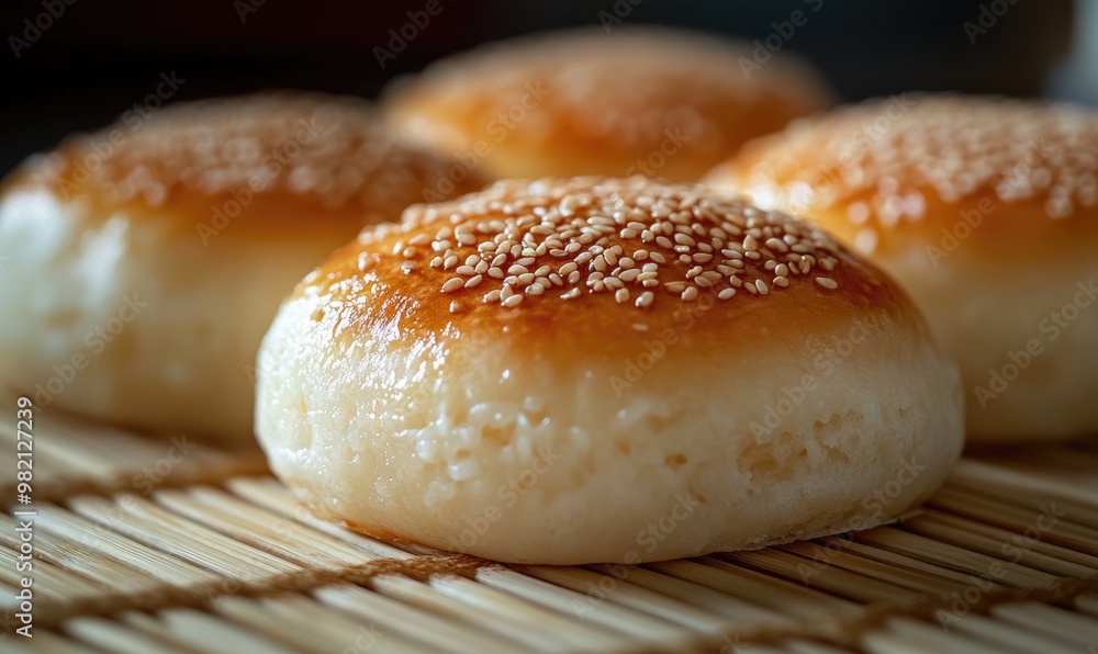 A close up of a sesame seed bun with a brown crust A close up of a sesame seed bun with a brown crust
