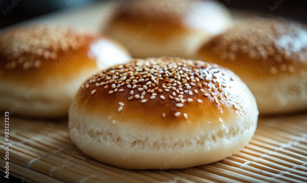 A close up of a sesame seed bun with a brown crust A close up of a sesame seed bun with a brown crust