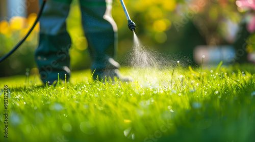 Worker spraying pesticide on a green lawn outdoors for pest control.