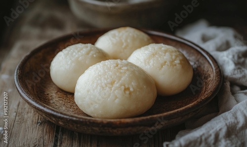 Four small white pastries sit on a wooden table