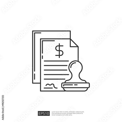 Contract agreement with rubber stamp line icon, legal document with signature. Financial agreement, contract signing, approved, legal, icon, vector.