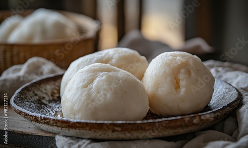 Three white dumplings are on a brown plate