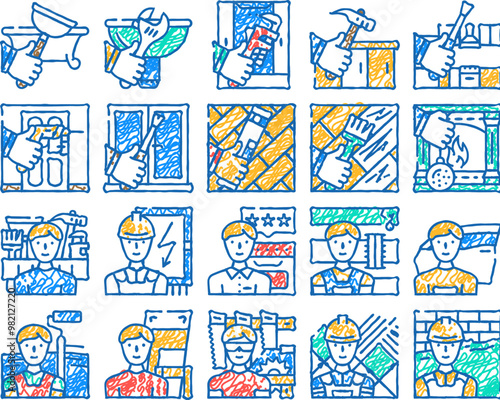 repair and maintenance service doodle icons set vector. sketch line art shower tray and sink repair, kitchen worktop and unit, fireplace and wood floor scratch line. repairman color illustrations