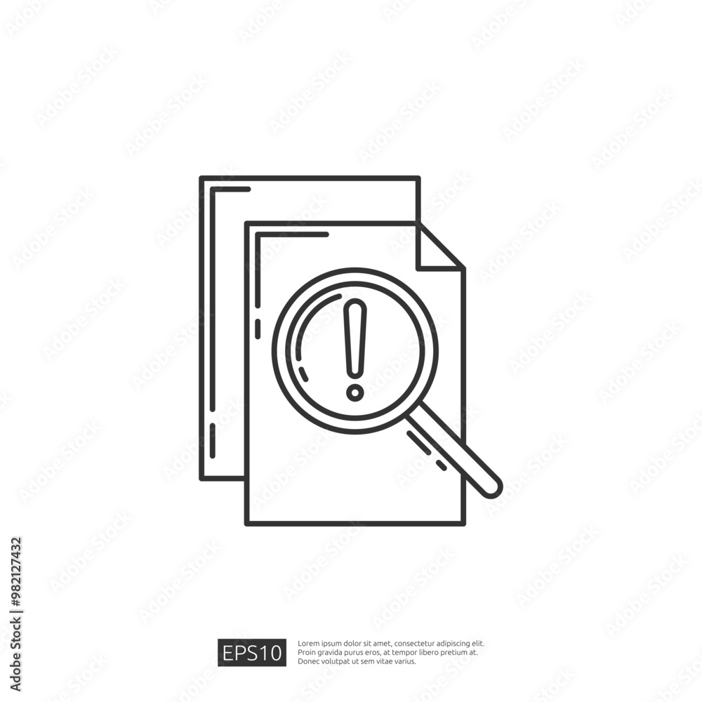 Document with magnifying glass and exclamation point icon. Concept of search, document, alert, notice, warning, important, find, notification Document with magnifying glass and exclamation point icon. Concept of search, document, alert, notice, warning, important, find, notification