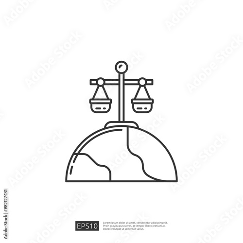 Global Justice. Line Art Icon of Scales of Justice Over World Globe