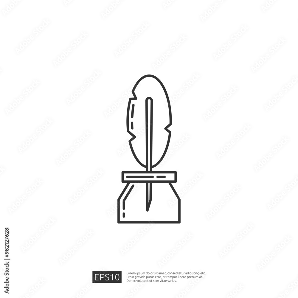 Quill pen and inkwell icon. Vector illustration of simple writing tools in linear style. Perfect for stationery, education, or historical projects. Quill pen and inkwell icon. Vector illustration of simple writing tools in linear style. Perfect for stationery, education, or historical projects.