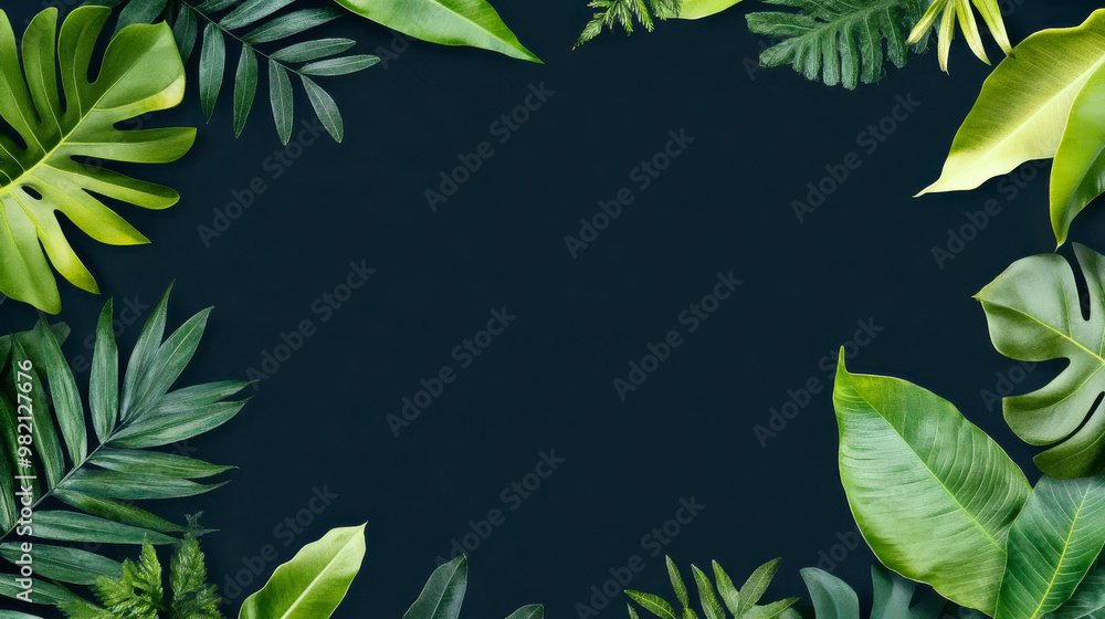 A vibrant frame of lush green leaves on a dark background, perfect for nature themes or botanical designs. A vibrant frame of lush green leaves on a dark background, perfect for nature themes or botanical designs.