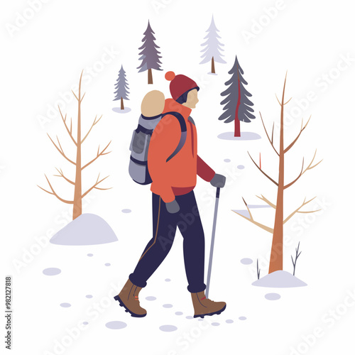 Person hiking with a backpack in a snowy forest landscape during winter for adventure and exploration