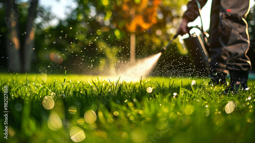 Worker spraying pesticide on a green lawn outdoors for pest control.