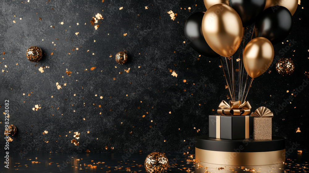 A black and gold podium with metallic balloons floating above, a festive gift box, and confetti scattered around the base for a luxurious New Year’s Eve display. A black and gold podium with metallic balloons floating above, a festive gift box, and confetti scattered around the base for a luxurious New Year’s Eve display.