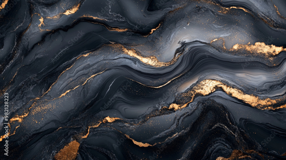 Deep charcoal grey liquid marble with shimmering gold veins flowing smoothly across the surface, creating a dynamic and elegant abstract pattern. Deep charcoal grey liquid marble with shimmering gold veins flowing smoothly across the surface, creating a dynamic and elegant abstract pattern.
