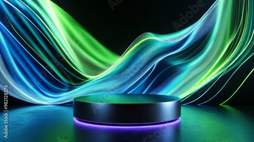 A futuristic 3D podium with a metallic finish, standing before an abstract background of smooth flowing lines in neon green and blue, on a deep black backdrop. photo