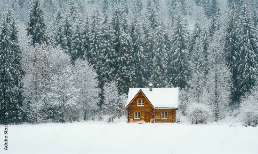 A small cabin is surrounded by trees covered in snow A small cabin is surrounded by trees covered in snow