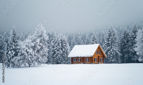 A small cabin is surrounded by trees and snow