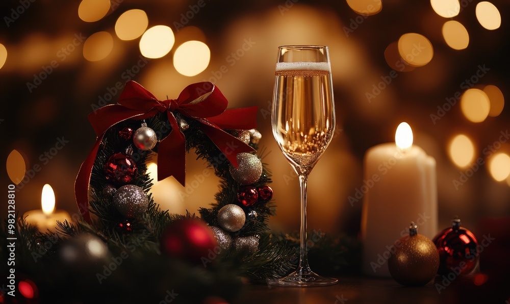 A Christmas wreath with a glass of champagne and candles on a table A Christmas wreath with a glass of champagne and candles on a table