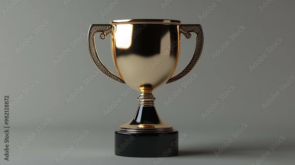 A golden trophy with intricate details stands on a black base, isolated on a gray background.