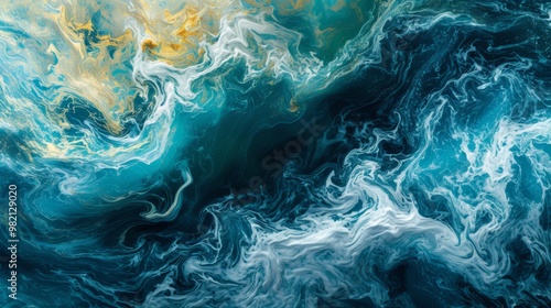 Abstract Swirling Blue, Gold, and White Paint Texture