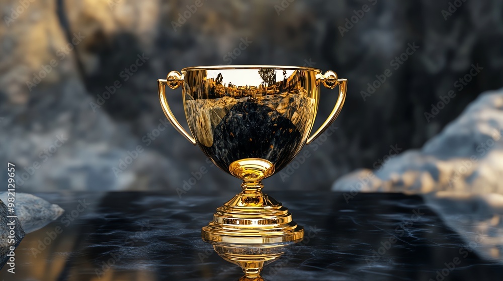 A shiny golden trophy on a black marble surface. A shiny golden trophy on a black marble surface.