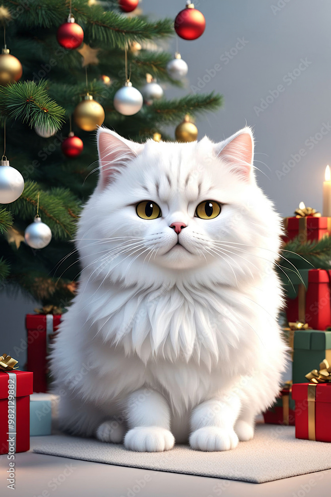 3d cute white chubby fluffy cat with a satisfied expression sitting under the Christmas tree 3d cute white chubby fluffy cat with a satisfied expression sitting under the Christmas tree