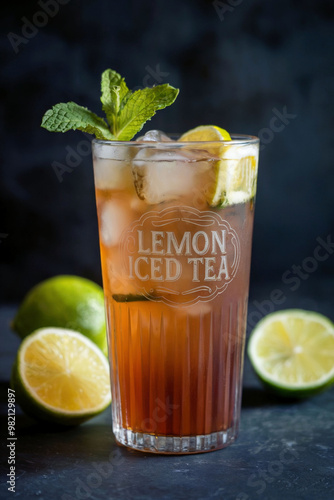 Refreshing lemon iced tea in vintage glass on dark background