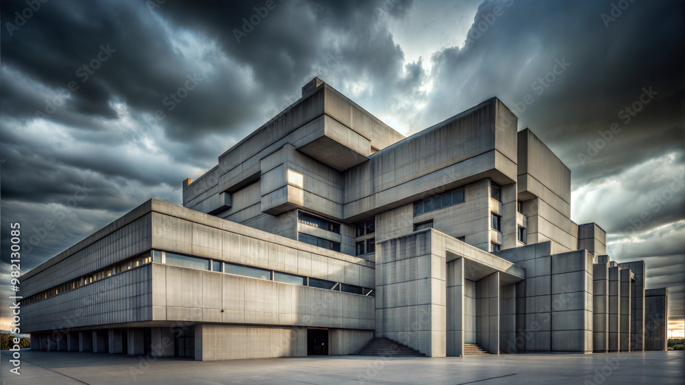 Obraz premium Futuristic concrete building with dramatic skies in contemporary architecture, monolithic and imposing structure