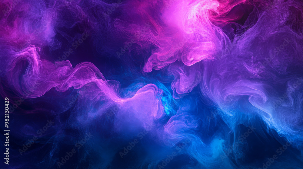 Obraz premium Bright, swirling clouds of neon purple and electric blue smoke create a high-energy abstract background with bold, flowing forms and vivid colors.
