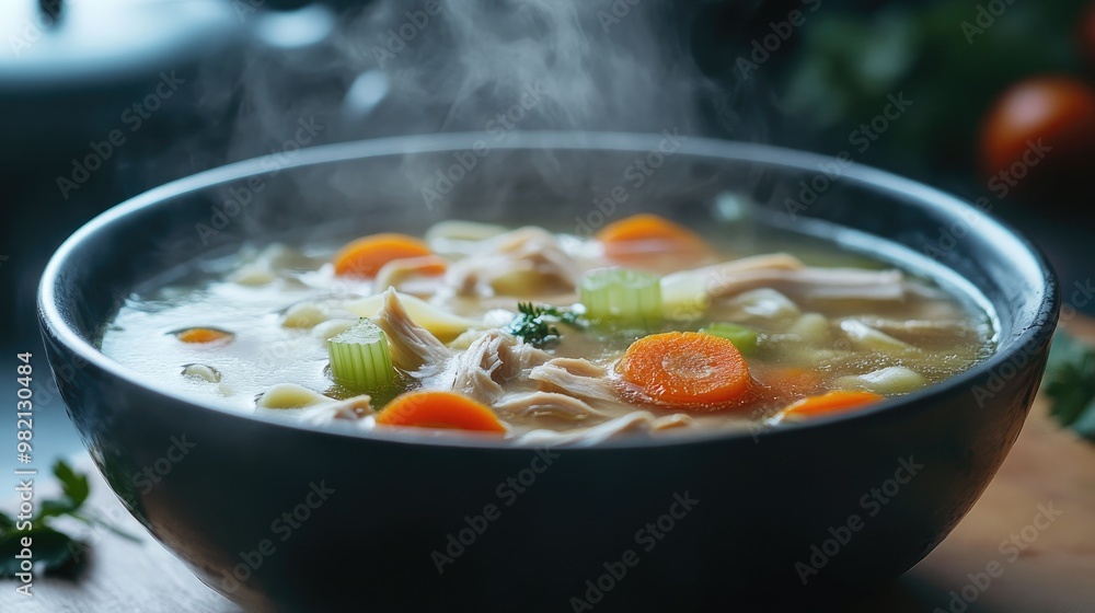 A steaming bowl of chicken noodle soup, with slices of carrot and celery floating in the broth. A steaming bowl of chicken noodle soup, with slices of carrot and celery floating in the broth.