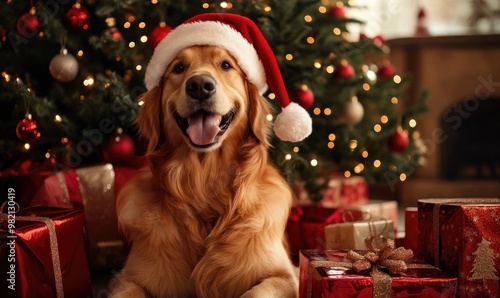 A dog wearing a Santa hat is sitting in front of a Christmas tree