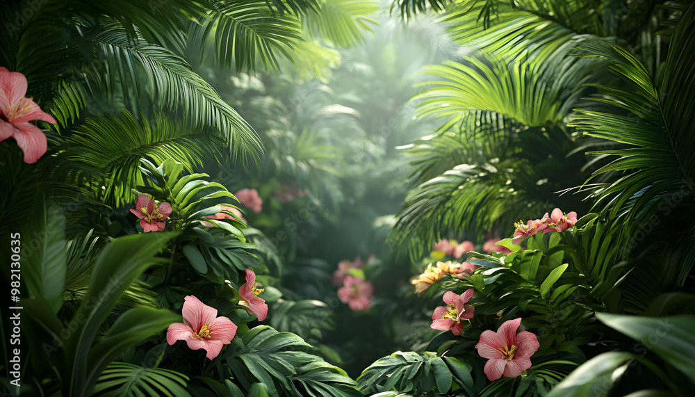 A lush jungle scene with vibrant green leaves and exotic flowers, bringing the warmth of the tropics to your screen A lush jungle scene with vibrant green leaves and exotic flowers, bringing the warmth of the tropics to your screen