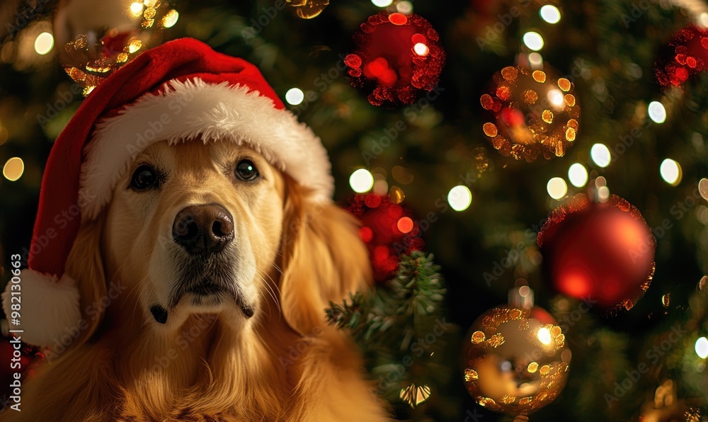 A dog wearing a Santa hat is standing in front of a Christmas tree A dog wearing a Santa hat is standing in front of a Christmas tree