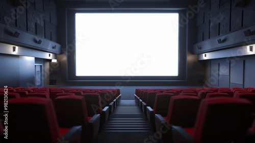 Empty Movie Theater with Red Seats and Large Screen Ready for Viewing - Photograph of Modern Cinema Interior