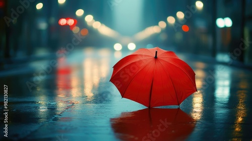 Wallpaper Mural A striking red umbrella on a rainy city street, reflecting in the wet pavement under soft streetlights. Torontodigital.ca