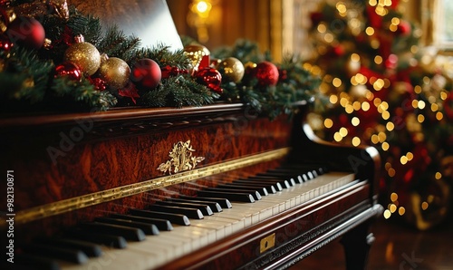 A piano with a red and gold wreath of Christmas ornaments on top of it